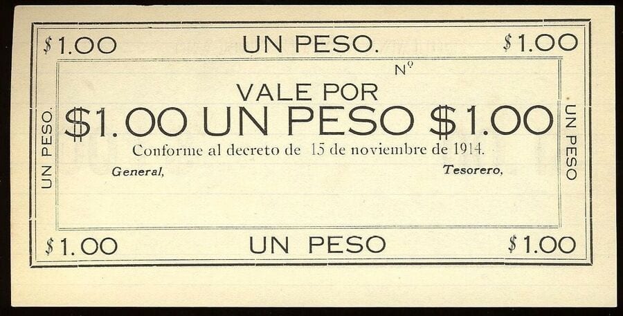 1914 tarihli, bir peso değerinde eski bir Meksika banknotu