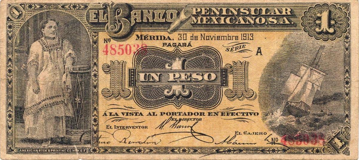 Banco Peninsular Mexicano tarafından basılmış eski bir peso banknotu